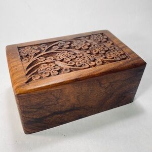 Handcarved Rosewood Wooden Hidden Box or Urn Box Bottom Slide Opening Floral #1